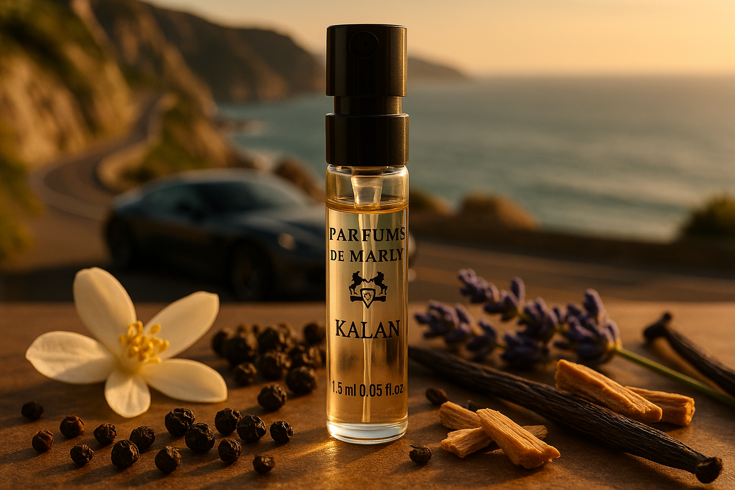 Parfums De Marly Kalan 官方香水样品 1.5ml 0.05 fl. o.z 香水测试仪,背景是海边的豪车,样品周围环绕着 Kalan 香水的香调