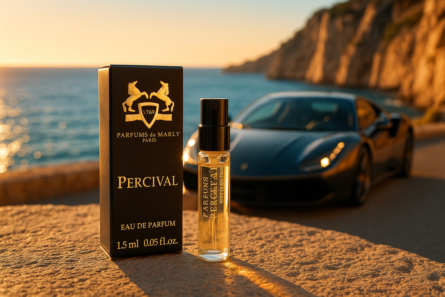 Parfums De Marly Percival 官方香水样品 1.5ml 0.05 fl. oz 香水测试仪,在海边的豪华轿车后面