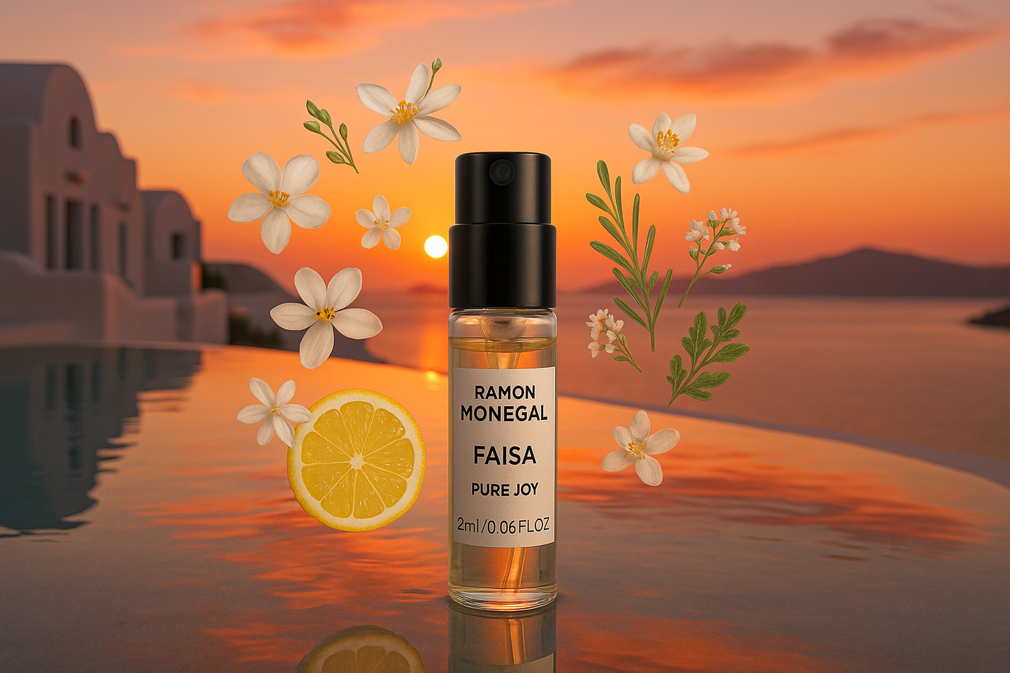 Ramon Monegal Faisa Pure Joy 官方香水样品 2ml 0.06 fl.o.z. 香水试用装,背景为圣托里尼岛泳池的日落,样品被 Faisa Pure Joy 香氛包围