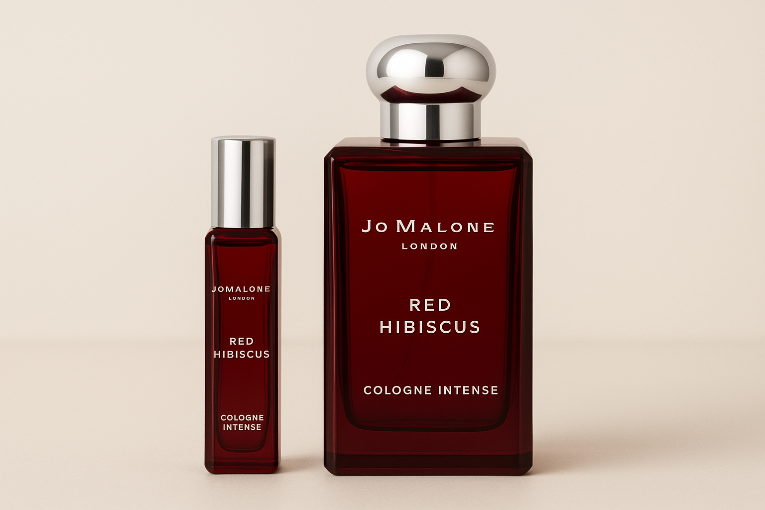 Jo Malone 红木槿古龙水 12ml 样品放在 Jo Malone 红木槿古龙水 100ml 香水瓶旁边，深红色瓶身上有白色字样