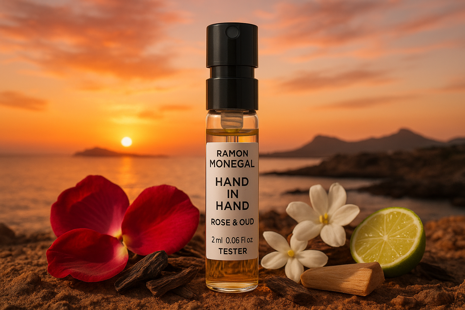 Ramon Monegal Hand in Hand Rose & Oud 官方香水样品 2ml 0.06 液体盎司香水试用装，背景为西班牙普拉纳岛的日落，样品周围环绕着 Hand in Hand Rose & Oud 香调