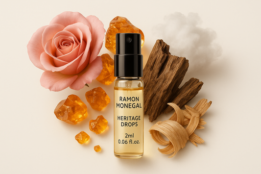 Ramon Monegal Heritage Drops 官方香水样品 2ml 0.06 fl.o.z. 香水试用装样品瓶周围环绕着 Heritage Drops 香调